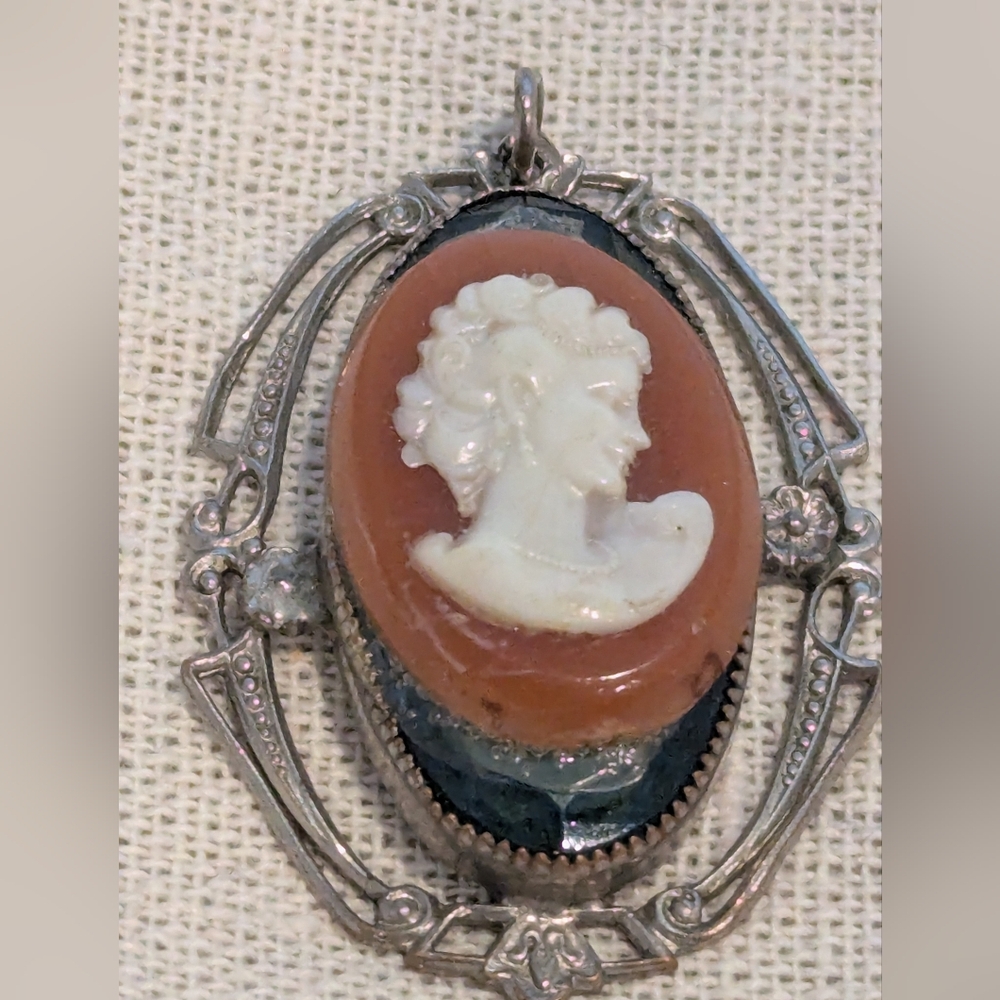 Cameo Pendant Elegant Silver and Brown